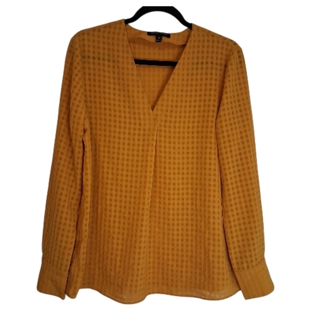 Banana Republic Mustard Yellow Checkered V-Neck Blouse Size Medium